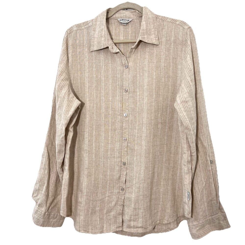 Orvis Button Up Shirt Women M Beige Linen Blend Long Sleeve Summer Beach Coastal